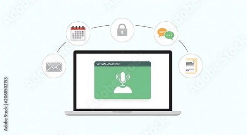 A laptop displays a secure login screen with icons for calendar, lock, comment, email, and file around it.