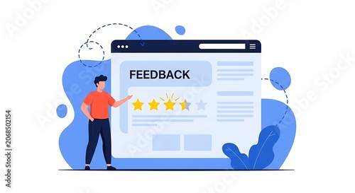 A man giving feedback on a large browser window with ratings.