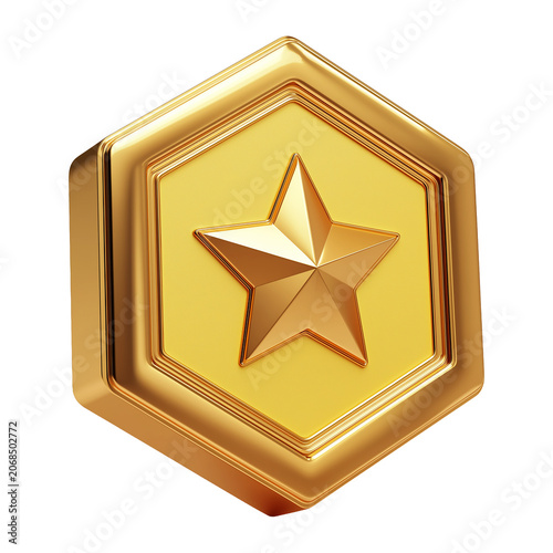 gold hexagonal badge with star relief symbolizing honor and achievement for awards or certification