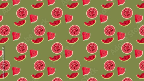 Watermelon wedges seamless pattern, red fruit stop motion animation on green background