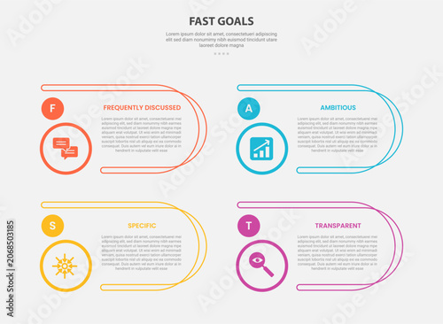Fast goal framework infographic outline style with 4 point template with round rectangle container with circle badge for slide presentation vector