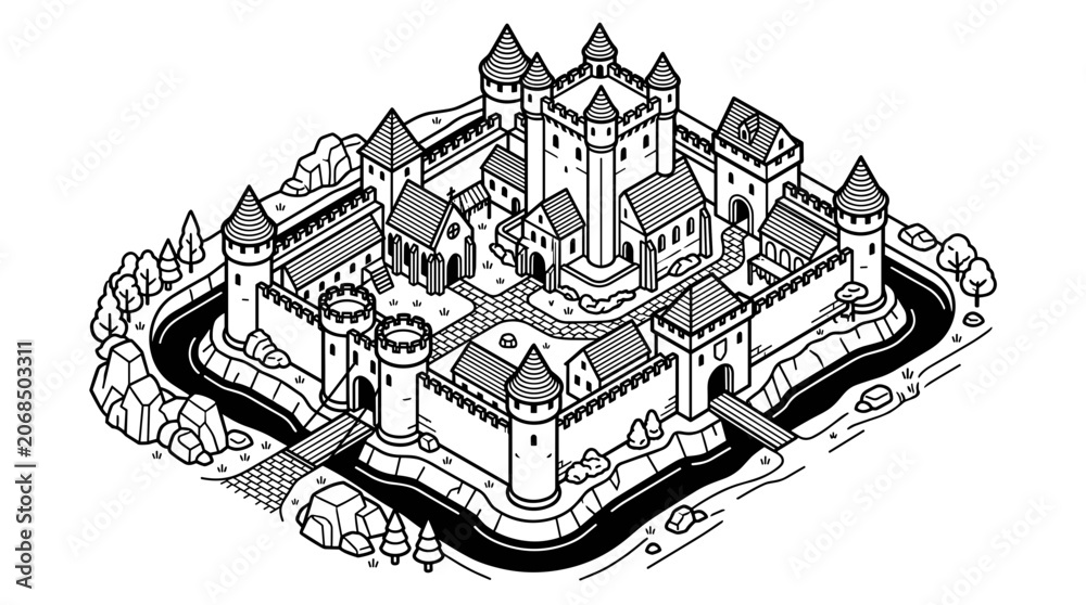 Obraz premium Medieval Castle Fortress Isometric Illustration 1.