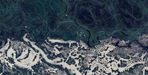 Fotografie Satellite View Okavango Delta Kalahari Sand Dune Boundary