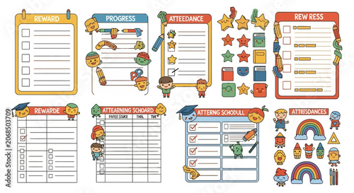 School reward and attendance charts with playful mascot characters