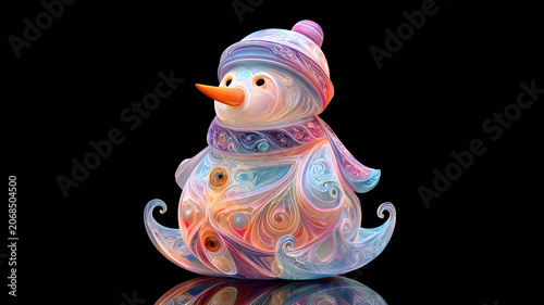 Colorful decorative snowman with scarf and hat on black