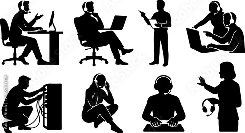 Set of silhouettes of people working in customer support vector illustration