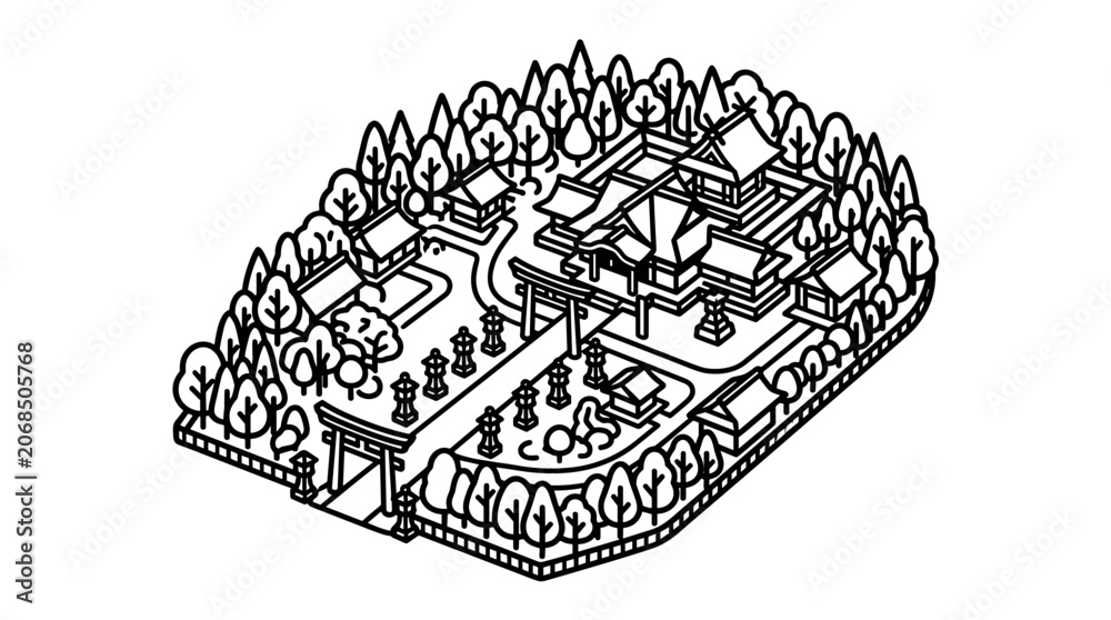 Obraz premium Isometric Illustration of a Japanese Temple Complex Surrounded by Trees.