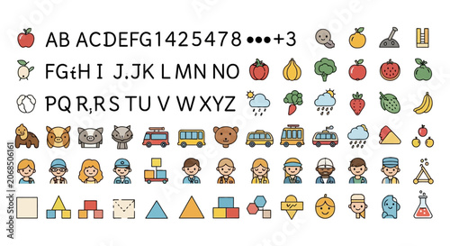 Comprehensive educational icon set for children learning