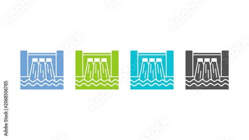 Foto Colorful dam icons with water levels in blue, green, teal, and black