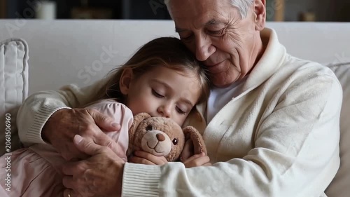 Elderly Grandfather Sitting on White Sofa with Young Granddaughter Holding Toy in Warm Living Room Light Seamless Loop