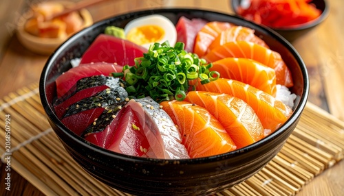 A bowl of assorted sushi with salmon and tuna sashimi.