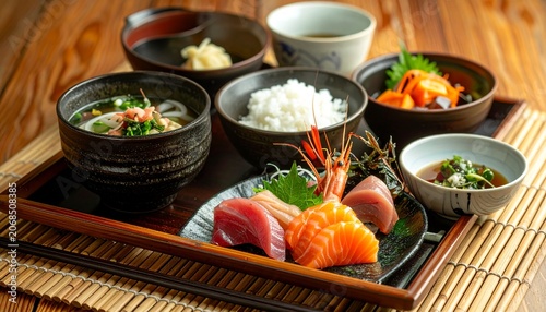 A traditional Japanese meal on a wooden tray.