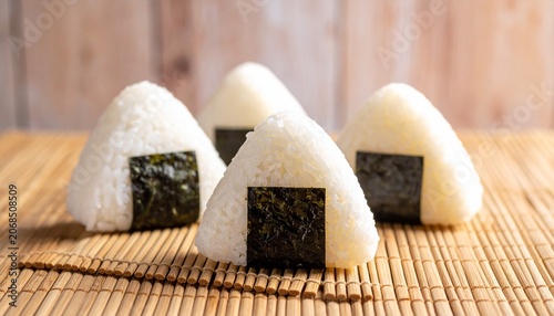 Triangular onigiri rice balls wrapped with seaweed on a bamboo mat indoors