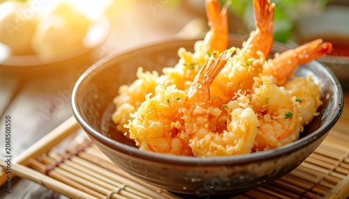 Shrimp tempura served in a bowl on a bamboo mat with chopsticks