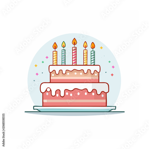 Two-tier birthday cake with lit candles and confetti