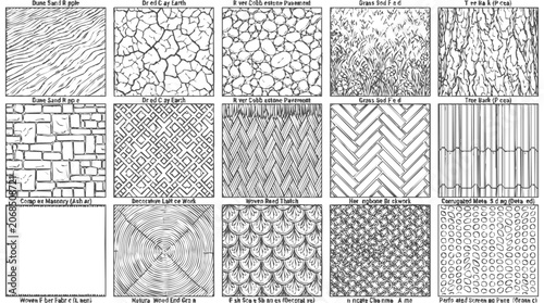 Comprehensive Set of Architectural Material Patterns and Hatches for Technical Drawings, Featuring Symbols and Textures for Floor Plans and Blueprints