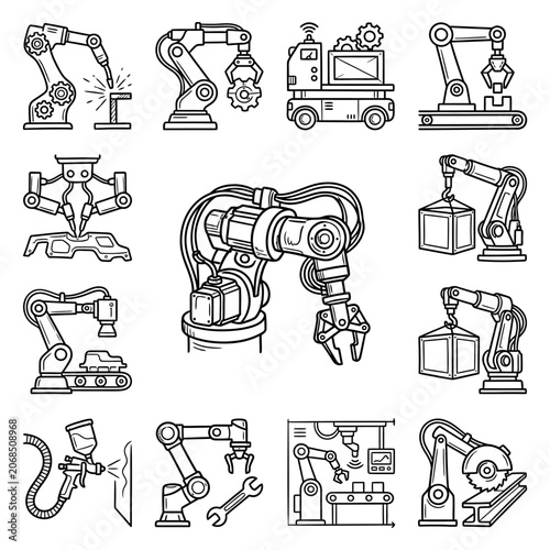 Industrial Robot Icons Set Featuring Robotic Arm Automation for Factory Manufacturing Assembly Lines and Smart Production Technology Sketch Style