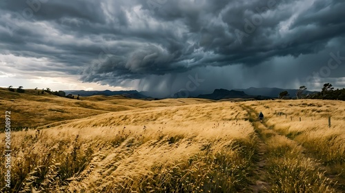 storm clouds over a green field in the countryside with hills and grass scenery