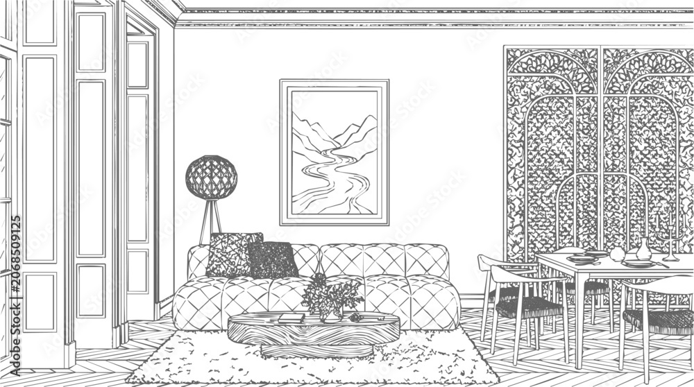 Fototapeta premium A hand-drawn living room interior sketch and architectural drawing featuring modern furniture, a cozy sofa, and a dining area for home design