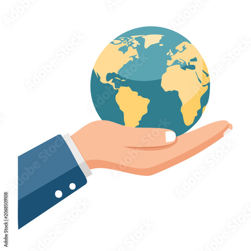 Hand holding globe in flat design style