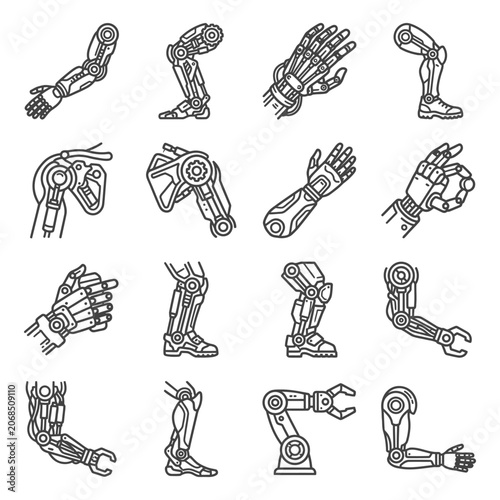 Comprehensive collection of robotic prosthetic limbs and bionic mechanical arms and legs featuring industrial grippers and cybernetic body parts
