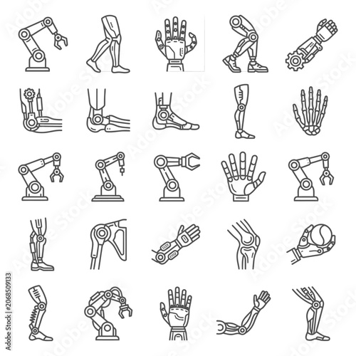 Collection of robotic and prosthetic hand, arm, and leg icons showing advanced bionic technology, medical implants, and industrial mechanical limbs