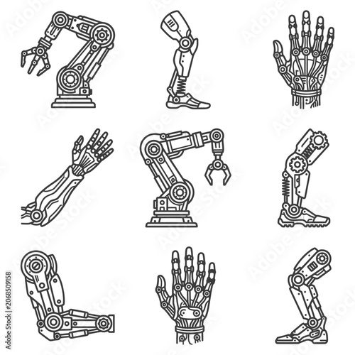Set of robotic prosthetic limb icons featuring bionic arm, hand, and leg illustrations for futuristic medical technology and industrial automation.