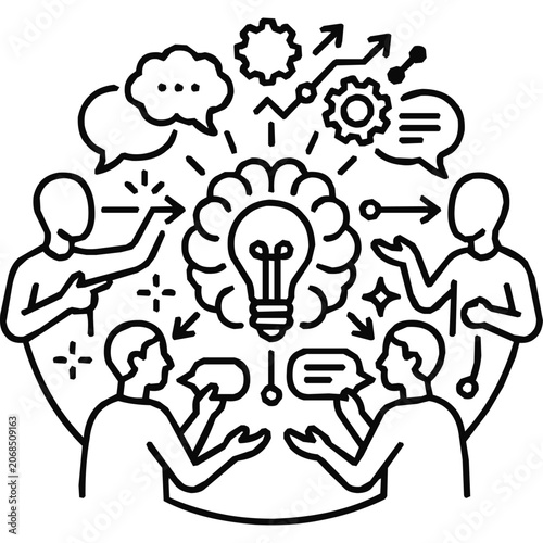 Business brainstorming and innovation concept showing group collaboration and teamwork generating creative ideas around a central light bulb and