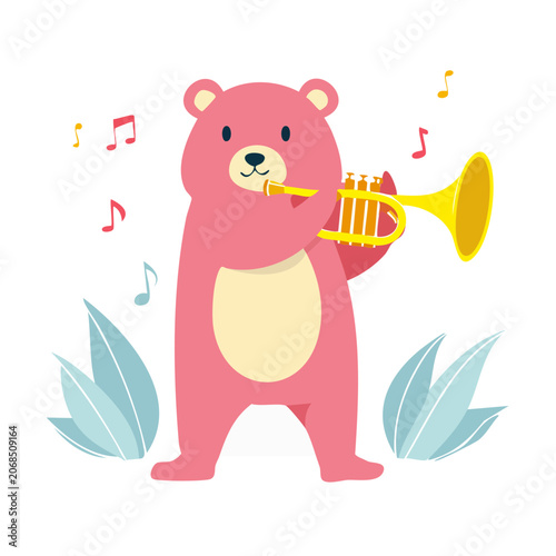 Pink bear playing yellow trumpet with music notes