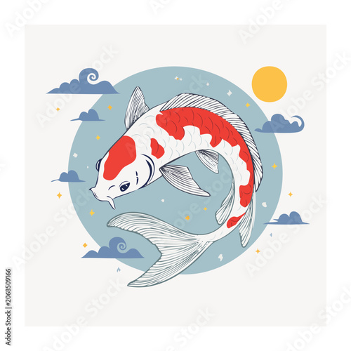 Red and white koi fish illustration with sky elements