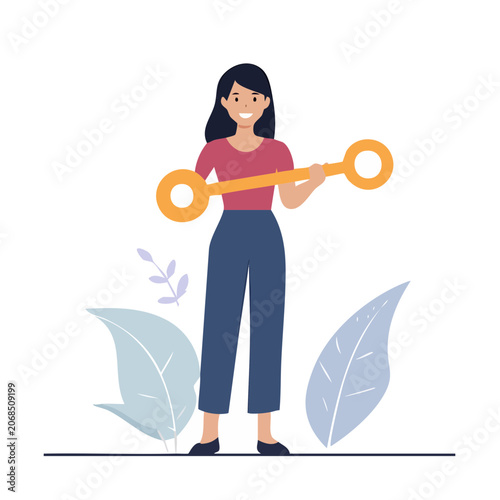 Woman holding large golden key, flat vector illustration