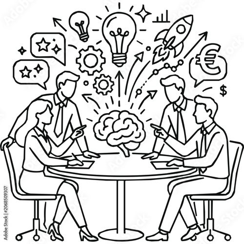 Idea, teamwork - Group of business people in a brainstorming session around a human brain as a symbol for innovation, creative thinking, and