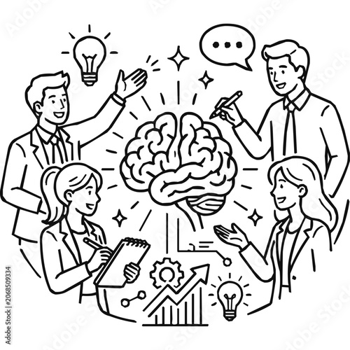 Professional Business Team Brainstorming a Creative Strategy for Collaboration and Innovative Growth Around a Central Brain