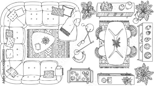Detailed hand drawn floor plan of a cozy living room and dining area with furniture in a top view perspective featuring a sectional sofa and plants