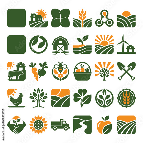 Set of green and orange farm and agriculture icons on white background icon
