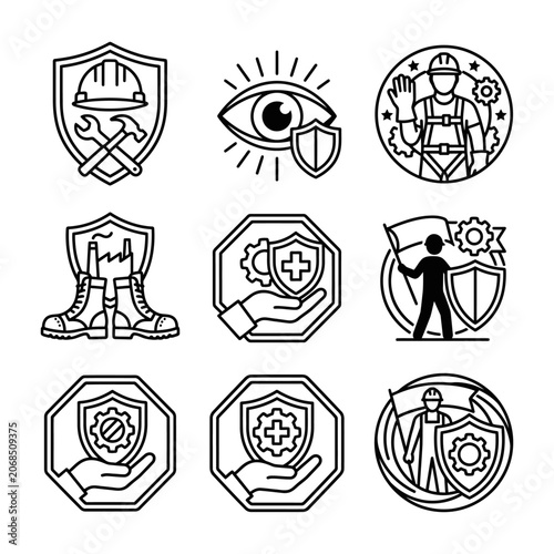 Professional set of work safety and industrial protection PPE icons representing occupational health and safety symbols for construction and factory