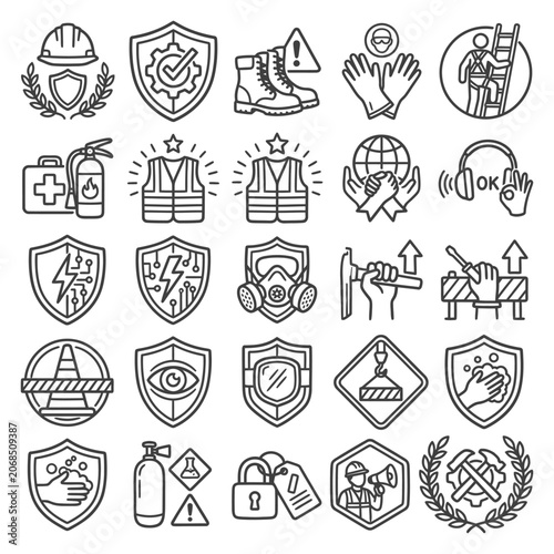 Comprehensive Collection of Occupational Safety and PPE Icons for Industrial Protection, Health and Safety, and Workplace Security Management