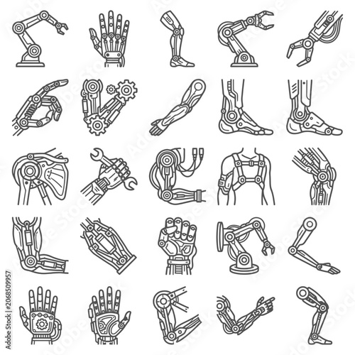 A comprehensive collection of robotic prosthetic mechanical limb and bionic arm icons representing advanced cybernetic technology and industrial