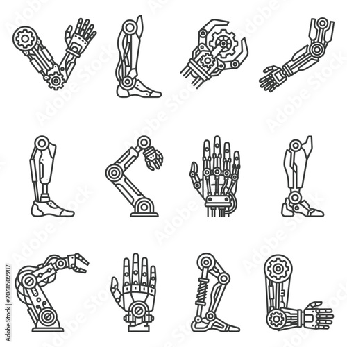 Technical set of robotic prosthetic mechanical bionic limb icons featuring cybernetic hands and artificial legs for medical orthopedic and