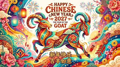 Happy Chinese New Year 2027 Year of Goat greeting card with colorful elements.