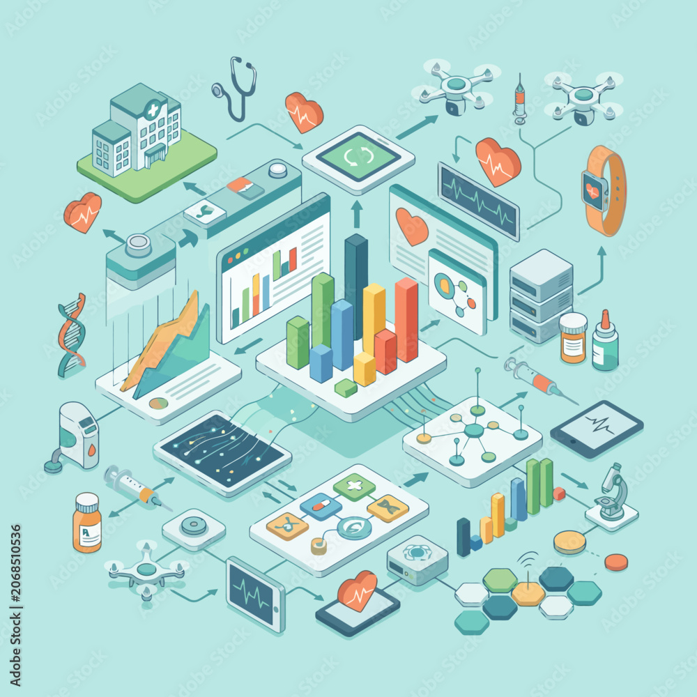 Fototapeta premium An isometric illustration showing modern medical technology and data analysis