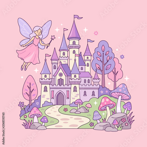 Schilderij op canvas A magical fairy flies near a purple castle in a fantasy forest