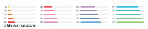 Colourful progress bar chart with percentage icons set, 1% to 100%. Flat design loading data infographic illustration interface elements for app ui ux web banner vector isolated on white background