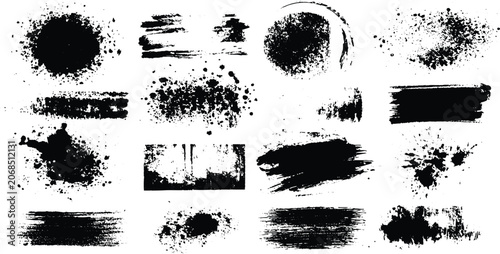 Collection of black ink brush strokes and splatters on white background . Vector grunge brush stokes. Hand drawn spray paint and ink splashes. Grunge artistic black paint stokes