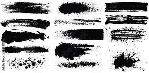 Collection of black ink brush strokes and splatters on white background . Vector grunge brush stokes. Hand drawn spray paint and ink splashes. Grunge artistic black paint stokes
