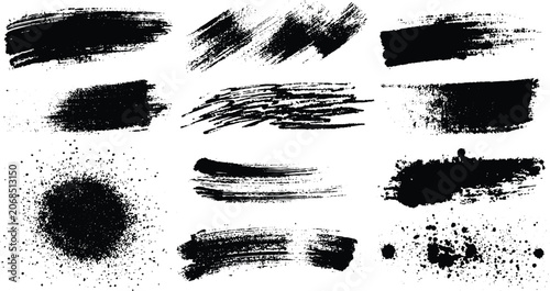 Canvastavla Collection of black ink brush strokes and splatters on white background