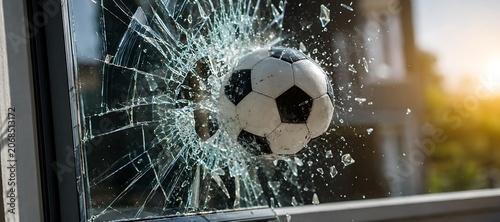 Soccer Ball Shattering Glass: A soccer ball impacts a glass window, causing it to shatter into numerous fragments. The motion and impact are captured with dramatic effect.