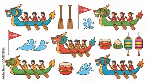 Dragon boat racers compete fiercely on serene lake water surface with flags waving