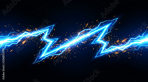 Bright blue lightning strikes across a dark background with orange sparks