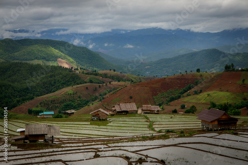 Breathtaking mountain scenery featuring lush rice terraces beneath a striking and dramatic cloudy sky